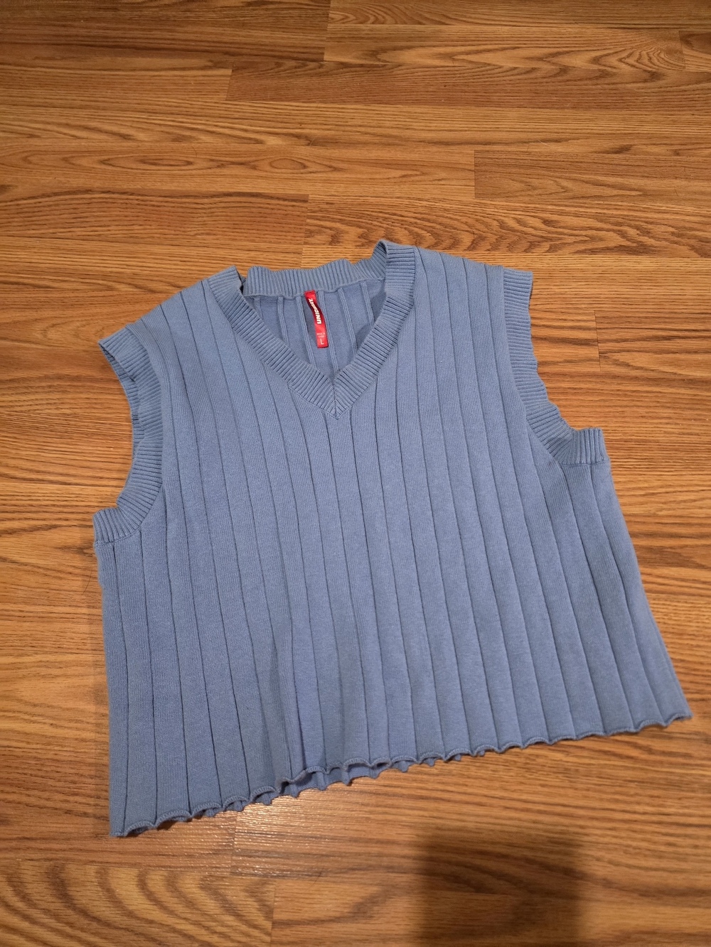 Womems Blue Ribbed V-Neck Sleeveless Top Blouse Shirt Cropped